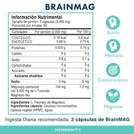 NEWMANITY BrainMAG Treonato de Magnesio - 180 Cápsulas de Alta Absorción, Suplemento Nootropico para Concentración, Memoria, Relajación, Sueño y Bienestar Mental, Fórmula de L-Treonato de Magnesio