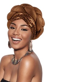Big Braid Female Head Wraps Bonnet Nigeria Already Made African Headtie Turbante Glitter Gold Thread Fabric Turban Cap for Women (One Size,Brown)
