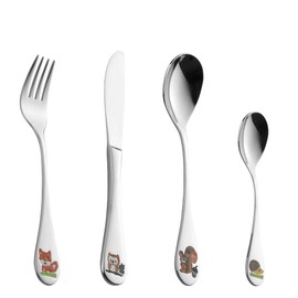 Forest Children's Cutlery Set 18/10 Stainless Steel with Coloured Animal Motifs on Handles 4-Piece Set