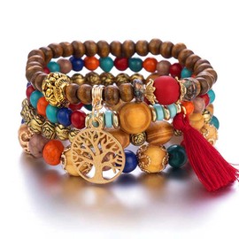 Evlry Bohemian Wooden Bead Bracelets for Women, Multilayer Stretch Tassel Bracelet Set, Tree of Life Charm, Love Statement Bangles for Girls, Plastic