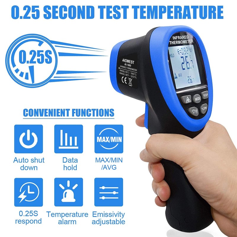AIOMEST AI-1800 Digital Pyrometer DS 50:1, Touchless Infrared Thermometer Gun