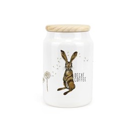 Purely Home Hares & Dandelions Ceramic Decaf Coffee Storage Canister - Rhiannon Chauncey Floral Hares Artwork Kitchen Food Storage Container & Wooden Lid 600ml (14.5cm x 9.5cm)