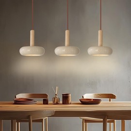 JIANTLAIUS 9.1inch Japanese Wabi-sabi Style Pendant Light with Round Natural Stone Shade Nordic Wood Chandelier Bedroom Bedside Light for Living Dining Room Table Ceiling Hanging Lamp