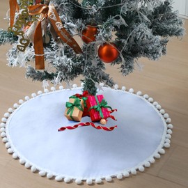 Slsxip Nonwoven Christmas Tree Skirt, 24 inch Xmas Tree Skirt with Whiet Pom Poms, Seasonal Holiday Indoor Decoration(Whiet,24 inch)