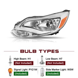 JSBOYAT Headlight Assembly Pair w/Bulbs for 2012 2013 2014 Ford Focus [Factory Halogen Type] OEM Headlamp Replacement, Chrome Housing & Amber Reflector