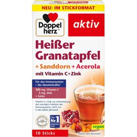 Doppelherz Hot Pomegranate + Sea Buckthorn + Acerola - With Vitamin C and Zinc to Support the Normal Function of the Immune System - Enjoy Hot & Cold - 10 Sticks