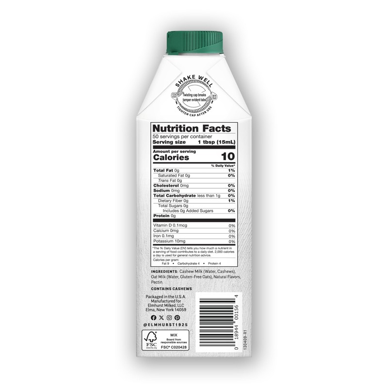 Elmhurst 1925 Unsweetened Cashew Creamer - Dairy-Free, Vegan, Kosher, No