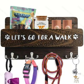 Niciksty Dog Coat Rack with Shelf, Dog Lead Holder Wall for Organising Leashes and Accessories, Wall Hooks for Dog Lead, Wooden Dog Lead Holder for Hallway, Entryway, Brown