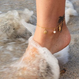 Gold Seashell Ankle for Women Summer Beach Jewelry Stainless Steel Shell Starfish Charm Ankle Bracelets Women Beachy Anklets Jewelry (3 Charms)