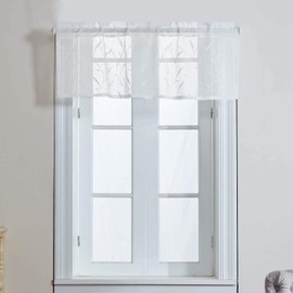 VOGOL Embroidered Kitchen Valances, White Sheer Light Filtering Curtains Valance for Bathroom Windows, Short Rod Pocket Soft Touch Window Curtain Panels for Cafe Office Dorm Room, 1 Piece, 60Wx14L