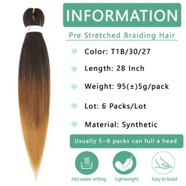Ombre Braiding Hair Pre Stretched 28 Inch 6 Packs Braids Hair Extensions 1B/30/27 Ombre Blonde Braiding Hair Professional Hair Extensions for Crochet Box Braids Hair, Itch Free, Hot Water Setting