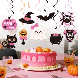 Decoración de Halloween para baby shower – A Little Boo is Almost Due Banner Decoración para tartas, lindo murciélago fantasma calabaza ropa de bebé para niña Little Boo Baby Shower Party Supplies