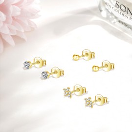 Sterling Silver 14K Gold Stud Earrings for Women Girls, 3Pairs Hypoallergenic Silver Ball Round Cubic Zirconia Stud Earrings set, Small Helix Cartilage Sleeper Flower Studs Piercing Earring 3/4/5mm
