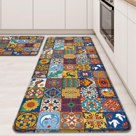Tritard Boho Kitchen Mats for Floor 2 Pcs Colorful Ceramic Kitchen Rugs Non-Skid Waterproof Anti Fatigue Mats for Kitchen Floor PVC Kitchen Floor Mat for Sink,Laundry,Office,17.3x28+17.3x47 Inch