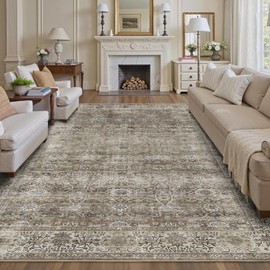 9x12 Washable Area Rug Grey Brown Vintage Rug for Living Room Bedroom Low Pile Soft Non-Slip Boho Rug for Under Table Boho Distressed Retro Carpet for Bedroom Kitchen Office Dining