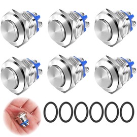 ChAusa 6 Pcs 16mm Momentary Push Button Switch Waterproof Starter Button Switch IP65 3A/12V 24V Brass Screw Type Terminals Metal Button for LED Light Car Boat Motorcycle(High Head)