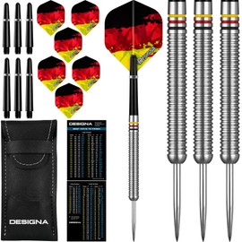 Dartfellas Juego de Dardos de Punta de Acero de 24 g, 90% de tungsteno con Bandera Alemana Patriot X, vuelos y Ejes incluidos (2 Juegos Cada uno), con Estuche de Viaje, 24 Gramos