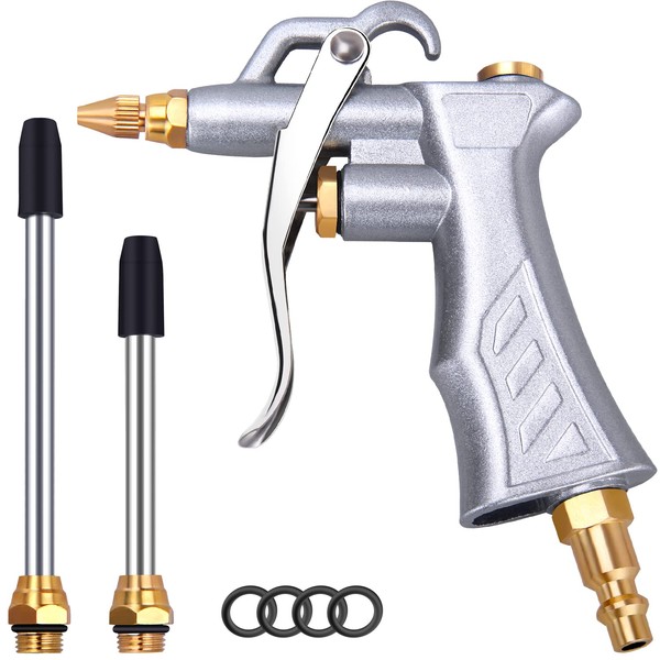 JASTIND Industrial Air Blow Gun with Brass Adjustable Air Flow Nozzle and 2 Steel Extension, Pneumatic Air Compressor Accessory Tool Dust Cleaning and Blower Gun