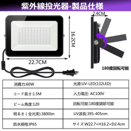 YC Ultraviolet Black Light Floodlight, Waterproof IP65 395-405nm UV Light for Resin Curing, Outdoor Stage Lighting to Create Atmosphere, for 3D Model Drying (60W)
