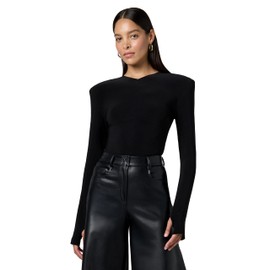 Long Sleeve Shoulder PAD V Neck TOP, Black, M
