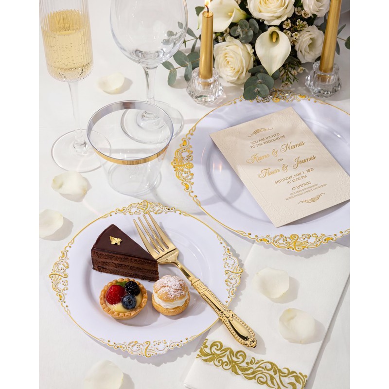 Morejoy 350PCS White and Gold Plastic Plates - Gold Plastic