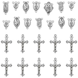 60Pcs/30Sets Rosary Making Kits Supplies Religion Cross and Center Medal Charms Jesus Crucifix Oval Alloy Pendant for Diy Prayer Necklace Catholic Jewelry
