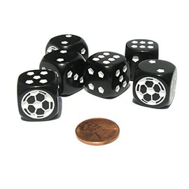 Set of 6 Soccer 18mm D6 Rounded Edges Sports Dice - Black with White Pips by Koplow Games