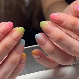 Press on Nails Short Almond SWEKKE French Fake Nails Colorful Obrem False Nails with Designs Full Cover Glossy Glue on Nails Stick on Nails Acrylic Nails Artifiical Nails for Women Girls 24Pcs