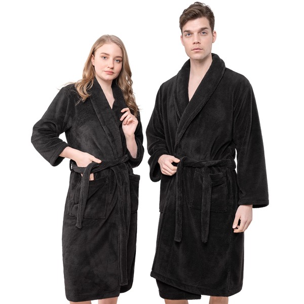 American Soft Linen Warm Fleece Robe, Mens and Womens Robe Fuzzy, 1 Piece Unisex Plush Adult Bathrobe for Bathroom, Black S-M