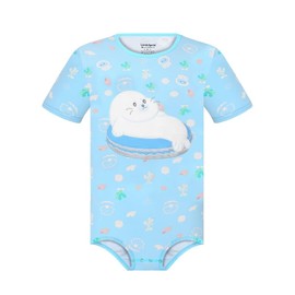 Landofgenie Mens Short Sleeve Bodysuit Cotton Romper Pajama Tops Print Onesie Men's One Piece Jumpsuit- Little Sea Lion 3XL Light Blue