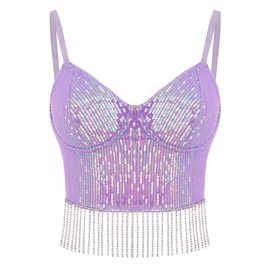 Erinaco Women Bright Diamond Chain Sequin Crop Top Rhinestone Tassel V-Neck Spaghetti Strap Purple Tank Tube Top