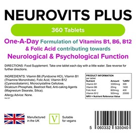 Lindens - Neurovits Plus Tablets - 360 Pack (90 Pack x 4) - UK Made - Contains Vitamin B1, B6, B12 & Folic Acid Contributes Towards Normal Psychological Function, Healthy Heart & Nervous System