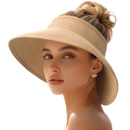 JYxingchi Sun Visor Hats for Women Straw Wide Brim Roll Up Foldable Beach Hat Summer UV Protection Ponytail Hat Khaki