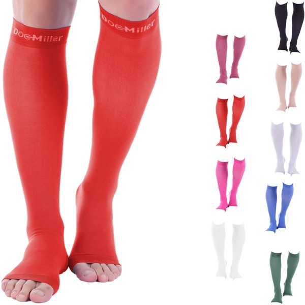 Doc Miller Open Toe Compression Socks, 15-20 mmHg, Toeless Compression Socks Women and Men for Maternity, Shin Splints & Calf Recovery, 1 Pair Red Knee High Small Size