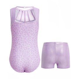 JiAmy Girls' Gymnastics Leotard, Glittering Girls' Gymnastics Outfit, Unique Design, Sleeveless Leotard, 3-12 Years, Purple leopard