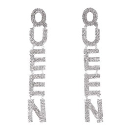 Luxurious Rhinestone QUEEN Dangle Earrings Bling Crystal Long Tassel Letters Pendant Earrings Charming Stud Earrings Attractive Ear Accessories Jewelry (Silver)