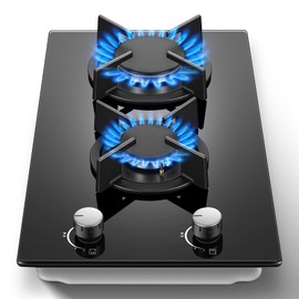 12 Inch Gas Cooktop, 2 Burner Gas Stove, Black Tempered Glass