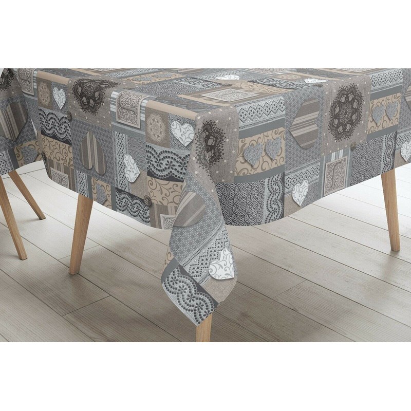 Karina Home Amelia Grey and Beige Hearts Wipe Clean Tablecloth