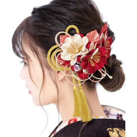 Soubien Coming of Age Ceremony, Hair Ornament, Graduation Ceremony, 2-Piece Set, Red, Gold, Cherry Blossom, Cherry Blossom, Corsage, Braid, Ball Decoration, Comb Type, U-Pin Type, Graduation Ceremony,
