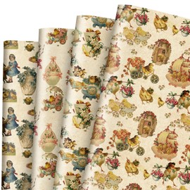 FYSUIMU 12 Sheets Vintage Easter Wrapping Paper -Not Roll- Easter Retro Chicken Egg Gift Wrap Paper Bulk Folded Flat Art Paper for Birthday Farmhouse DIY Crafts, 19.7 x 27.6 Inch