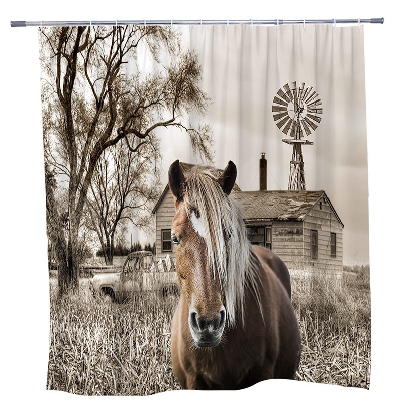 Horse Shower Curtain Rustic Farm Animal Bathroom Curtain Farmhouse Windmill