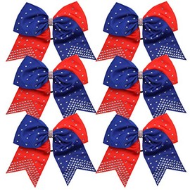 8 Inch 2 Colors Cheerleader Bows Ponytail Holder with Rhinestones Hair Tie Cheerleading Bows 6 Pcs (Royal Blue/Red)