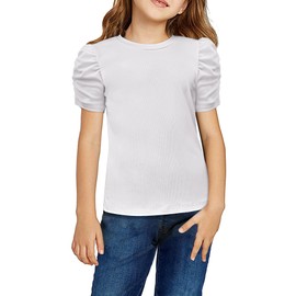 Arshiner Girls Tops Round Neck Summer Puff Sleeve Tshirts Fashion Casual Ribbed Knit Shirts Tee Blouse White 7-8 Years