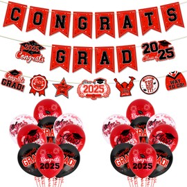 Ushinemi Graduation Decorations 2025 Congrats Grad Banner Class of 2025 Decor, Red Graduation Decorations with Balloons Congrats Party Supplies
