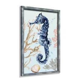 Blue Seahorse Wooden Wall Art: Coastal Ocean Decor for Bathroom, Bedroom - Framed Beach Theme