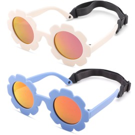 Melpomenia Flexible Bendable Baby Polarized Flower Sunglasses with Strap for Newborn Infant Boys Girls Age 0-24 Months (Matte White/Purple Red Mirrored + Matter Blue/Orange Mirrored)