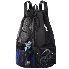 WANDF Swim Bag Mesh Drawstring Backpack with Wet Pocket Beach Backpack for Swimming, Gym, and Workout Gear(XL-Black)