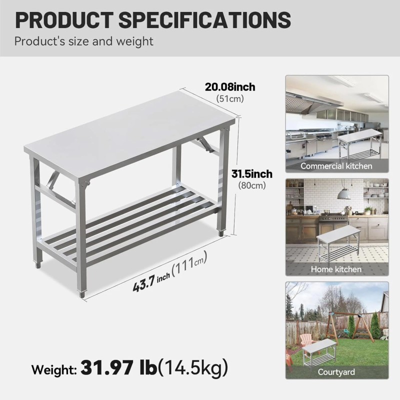Folding Stainless Steel Table 20X45 Inches for Camping Maintenance Room