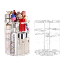 LucyStudio Clear Makeup Organizer 360° Rotating Adjustable Cosmetic Display Stand Large Capacity Makeup Storage Bathroom Shelves Countertop Cosmetic Storage Organizer