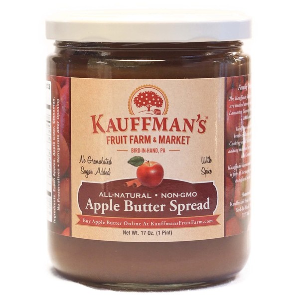 Kauffman's Fruit Farm Spiced Apple Butter, Homemade, No Sugar Added, Kosher, Non-GMO, Gluten Free. Perfect to use in Baking, As A Spread, or BBQ Sauce! 17 Oz. Jar (Pack of 2)
